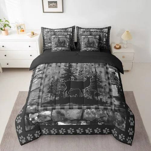 Vista 34 de Feelyou Juego de edredón de ciervo con sábanas – Tamaño Queen 7 piezas Juego de ropa de cama infantil de caza rústica – Cama de ciervo de cabaña