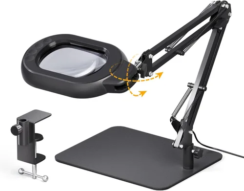 Vista 8 de Lámpara de escritorio de aumento ONLYWIN, lupa cuadrada 10X con luz y soporte, lámpara de aumento LED regulable con pinza y base, luz de brazo