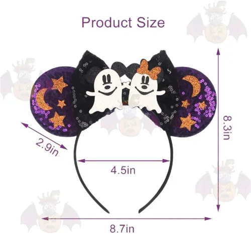 Vista 5 de Diadema de orejas de ratón de Halloween para mujeres y niñas, con lazo de lentejuelas para decoración de fiesta de Halloween, disfraz