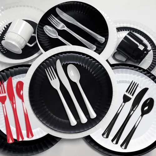 Vista 4 de Party Essentials - Paquete combinado de cubiertos de plástico extra resistentes, tamaño completo, cuchillos/tenedores/cucharas, negro, juego para 8