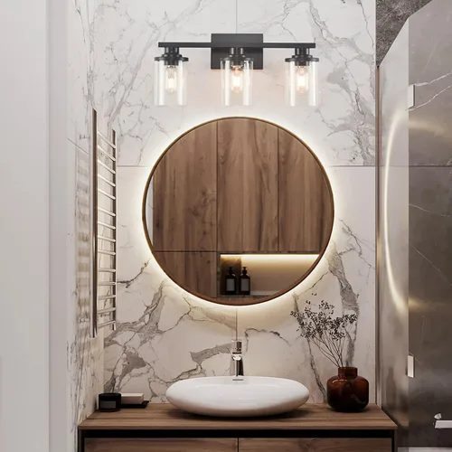 Vista 7 de 3 Luces Negras para Tocador de Baño con Pantalla de Vidrio Transparente, Apliques de Pared Modernos de Iluminación para Baño Sobre Espejo