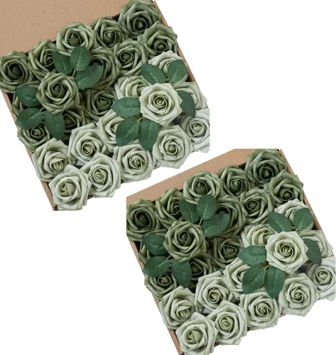 Vista 24 de Flores artificiales, 25 piezas, rosa artificial azul bebé para ramos de boda, centros de mesa, arreglos, flor falsa con tallos para decoración