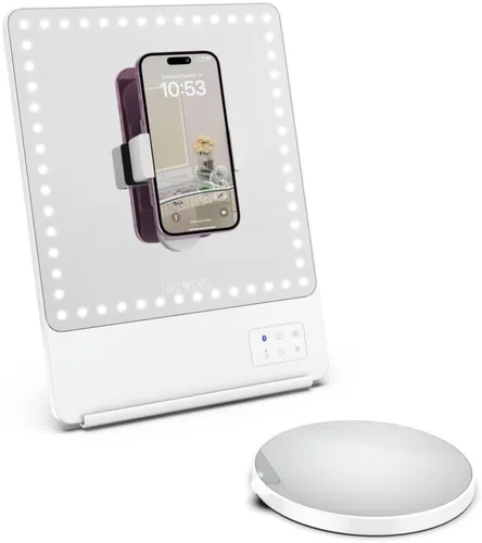 Vista 8 de GLAMCOR Riki Skinny - Espejo de tocador inteligente con LED HD, accesorio de espejo de aumento, soporte para teléfono y control Bluetooth