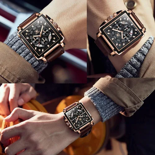 Vista 2 de OLEVS Reloj multifunción de cuero para hombre, reloj cuadrado clásico de cuarzo, para hombre