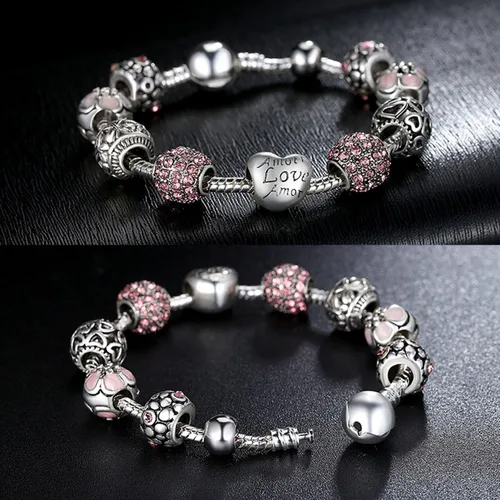 Vista 3 de Muerdou - Pulsera con dijes de mariposa y flor y cuentas de cristal de Murano para niñas y mujeres