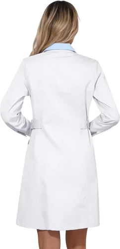 Vista 3 de Yeahdor Abrigo de laboratorio profesional para mujer, solapa, manga larga, médico, enfermera, uniforme de estudiante, ropa de trabajo
