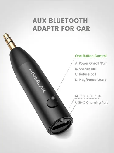 Vista 5 de HVMLAK Adaptador Bluetooth 5.3 Aux para Coche con Micrófono Mejorado, Jack de 3.5mm para Estéreo de Coche y Hogar, Carga USB-C, Estuche Resistente