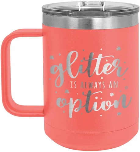 Vista 11 de GLITTER IS SIEMPRE UNA OPCIÓN Negro Taza de café de 15 oz con tapa deslizante Taza de café de viaje con aislamiento Ideas de regalos