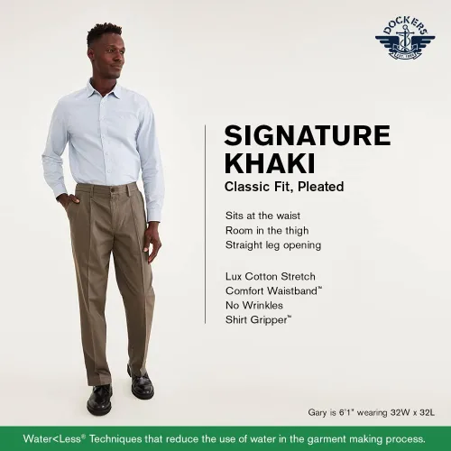 Vista 5 de Dockers Signature - Pantalón elástico de algodón para hombre de ajuste clásico y plisado, caqui