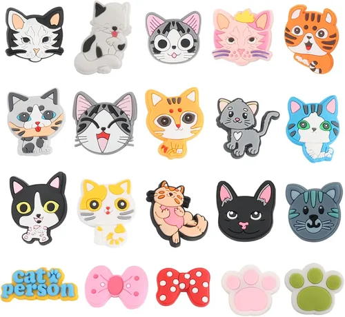 Vista 6 de Dijes de decoración de zapatos de gatos, 20 piezas de lindos dijes de animales y gatos para zapatos de mascotas, paquete para sandalias de pulsera