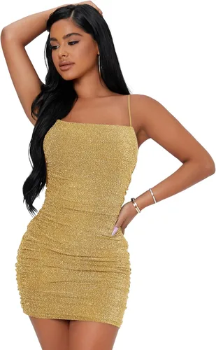 Vista 26 de Floerns Vestido Mini de Mujer con Brillo, Sin Mangas, Fruncido, para Fiesta y Discoteca, Estilo Bodycon Negro