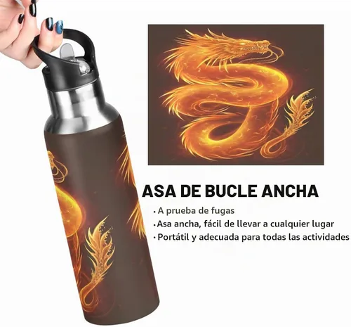 Vista 4 de Botella de agua de dragón de fuego con tapa con pajita de 20 onzas Multi colorido