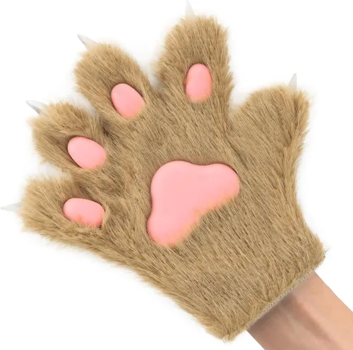 Vista 3 de HAOAN Gato de pelo peludo, lobo, zorro, perro, esponjoso, patas, garras, guantes, manoplas, manos, disfraz de cosplay, Halloween, Navidad para niños