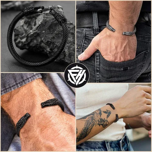 Vista 6 de FaithHeart Brazalete vikingo para hombres y mujeres, brazalete de acero inoxidable con diseño de alambre punk cuervolobodragón