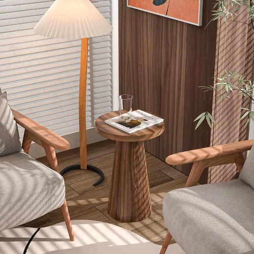 Vista 6 de Pequeña mesa auxiliar redonda con pedestal, mesa auxiliar de madera para sala de estar, mesa de bebidas acanalada para espacios pequeños, mesa Nogal