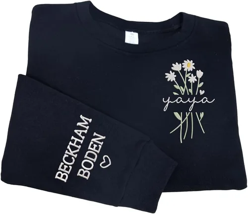 Vista 5 de NAZENTI Personalized Flower Sweatshirt for Women, Embroidered Grandma Gift G08.