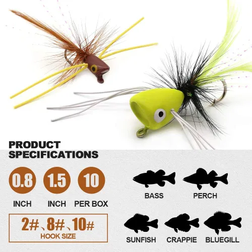 Vista 2 de Popper-Flies-para-Mosca-Pesca-Topwater-Bass-Panfish-Bluegill Poppers Moscas Bugs Señuelos