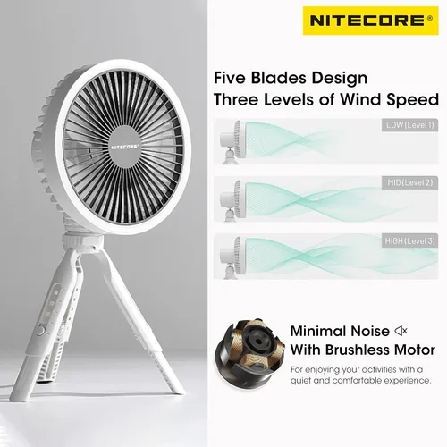 Vista 2 de Nitecore NEF10 Ventilador Eléctrico Portátil Multifuncional con Anillo de Luz LED, Trípode de Cabeza Flexible con Bola, Motor Sin Escobillas Gris