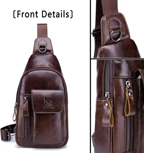 Vista 3 de Bolso cruzado de cuero para hombre bolso de hombro casual bolsas de pecho para viajes senderismo mochilas Café Mochilas Sling