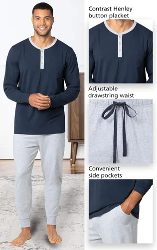 Vista 4 de PajamaGram Ringer Tee Men's Sleepwear - Men Pajamas Set, Henley Top & Joggers