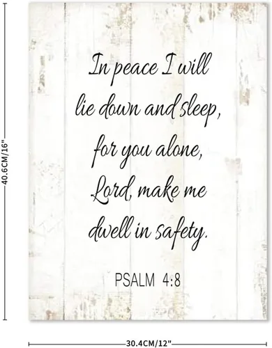 Vista 2 de Letrero de madera rústica moderno para colgar en la pared, decoración del hogar, versículo de la Biblia en paz con texto en inglés "I Will Lie Down
