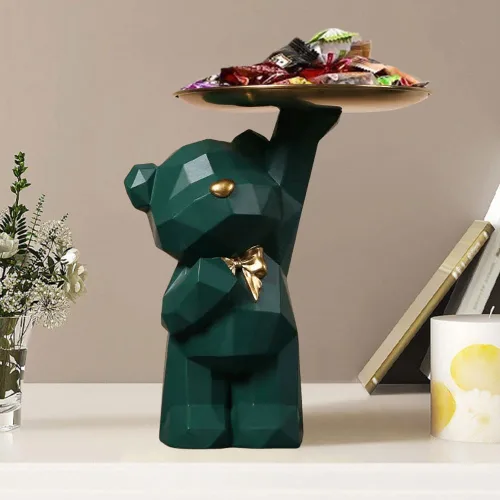 Vista 3 de Bandeja de Almacenamiento Estatua Portallaves Figurina, Bandeja para Dulces Joyas Aretes Labiales, Lindas Estatuas de Oso con Plato, Esculturas