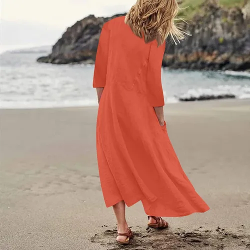 Vista 3 de Vestido largo de algodón sólido y manga corta para mujer de verano 2022, 0
