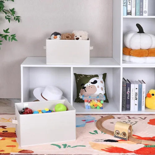 Vista 5 de WUIKE Cestas de almacenamiento para estantes, contenedores de almacenamiento de tela con asas, cesta plegable para estantes organizadores y Beige