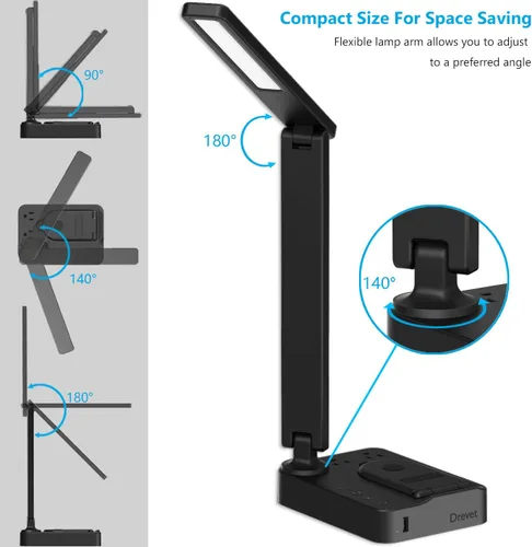 Vista 4 de Drevet Lámpara de escritorio LED con cargador inalámbrico, luz de mesa de escritorio con puerto de carga USB y 2 tomas de corriente, 3 modos