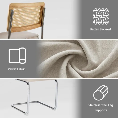Vista 5 de Juego de 2 sillas de comedor de terciopelo con respaldo de ratán, diseño moderno Breuer con base cromada inoxidable sin brazos tapizada para Beige