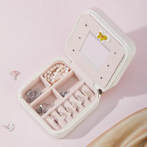 Vista 4 de Obsoorth Joyero portátil pequeño de viaje de piel sintética de gran capacidad con cremallera de franela mini organizador para aretes (blanco)