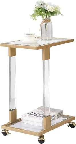 Vista 7 de Mesa auxiliar de cristal dorado en forma de C con ruedas móviles, mesa de acrílico para sala de estar, mesa C transparente para dormitorio, muebles