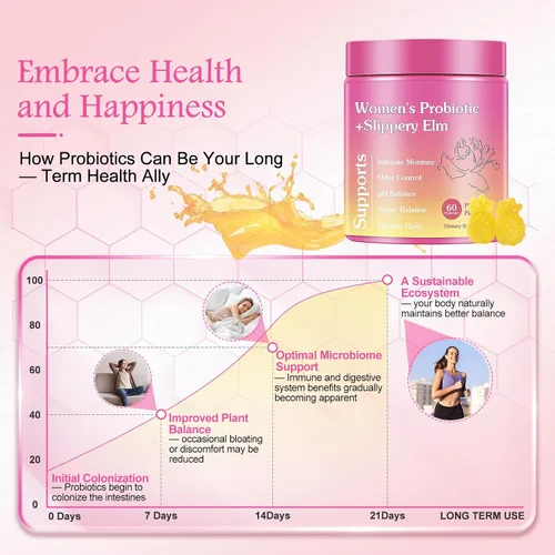 Vista 5 de Her Juicy - Gomitas femeninas de probióticos para mujeres, sabor a piña tropical, contiene olmo resbaladizo, apoya el equilibrio del pH, la salud