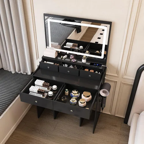 Vista 7 de Escritorio de tocador con espejo de luz LED, mesa de tocador de maquillaje con taburete, 5 cajones, soporte para secador de pelo, toma de corriente