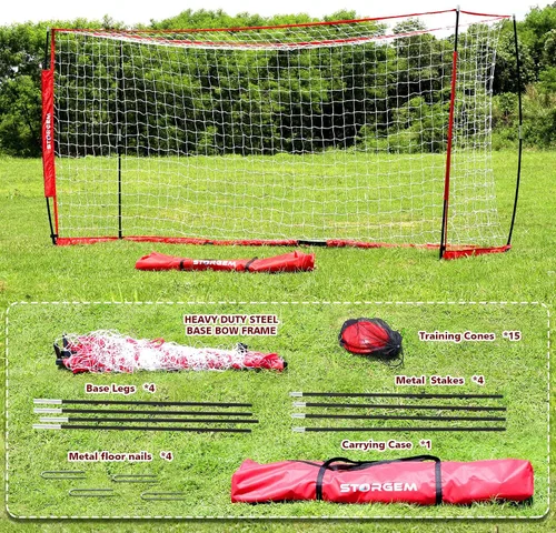 Vista 8 de Storgem Portería de Fútbol, Red de Fútbol, Porterías de Fútbol para Patio Trasero, con Marco de Lazo, Base Metálica Plegable y 15 Conos