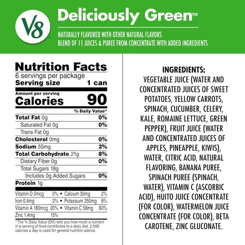Vista 2 de V8 Deliciosamente verde 100% jugo de frutas y verduras, lata de 8 onzas líquidas (paquete de 6)