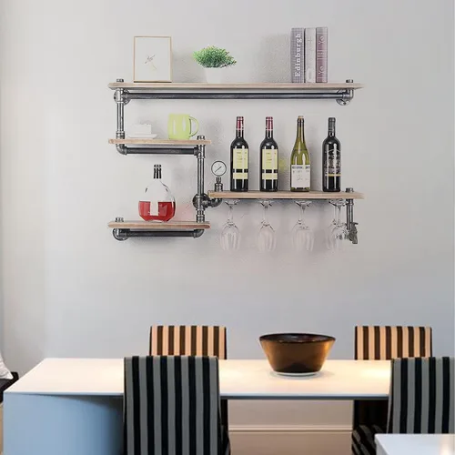 Vista 2 de Estante de vino montado en la pared, estantes industriales para vino, montado en la pared con soporte para vidrio de 4 vástagos, soporte