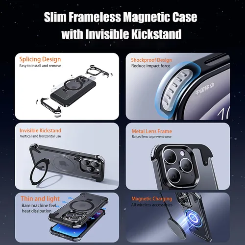 Vista 6 de Losin Soporte magnético para iPhone 15 Pro Max de metal sin marco [compatible con MagSafe] [protección contra caídas] Funda delgada a prueba