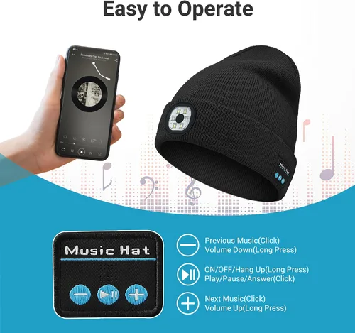 Vista 4 de Bluetooth Beanie with Light, LED Beanie with Built-in Speaker and Microphone, Unique Gifts for Men Women