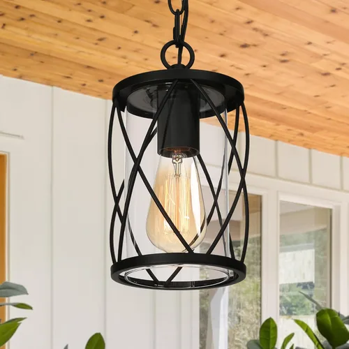 Vista 8 de classy leaves Luces colgantes negras para exteriores, lámpara colgante exterior con vidrio transparente, farol colgante de porche en acabado negro
