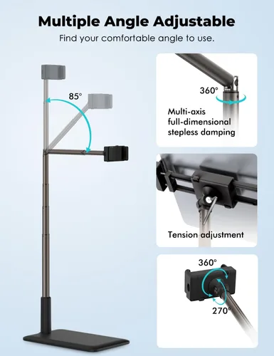 Vista 3 de Viozon Soporte de Piso para Tablet con Brazo Largo Flexible y Soporte para Teléfono, Ajustable en Ángulo 360°, Aleación de Aluminio, para Cama