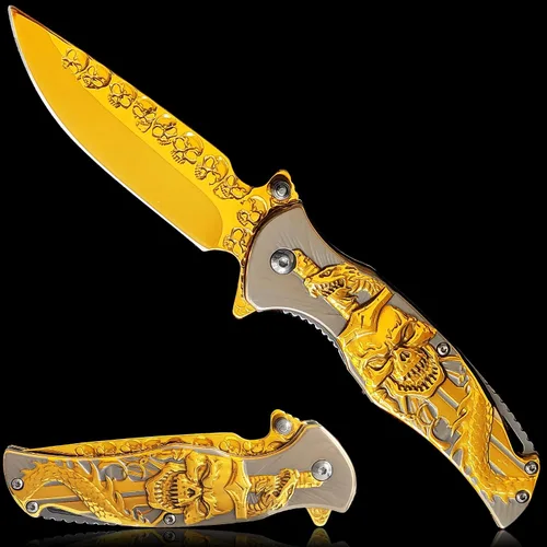 Vista 8 de Navaja de bolsillo de cráneo, cuchillo plegable de bolsillo fresco, cuchillo EDC de calavera en relieve 3D para hombres, festival, regalo de Negro
