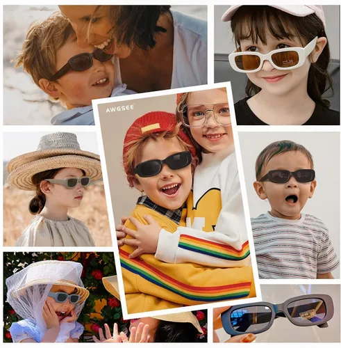 Vista 6 de AWGSEE Lentes de sol rectangulares retro para niños, estilo vintage de los años 90, con marco cuadrado estrecho, para niñas y niños, protección UV