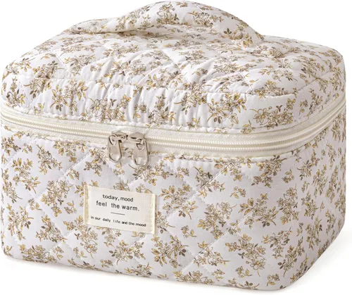 Vista 20 de HBselect Bolsa de Maquillaje Acolchada, Bolsa de Maquillaje Grande de Algodón para Viaje, Lindas Bolsas de Maquillaje con Flores Coquette, Bolsas
