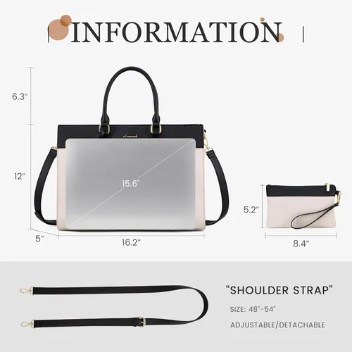 Vista 4 de LOVEVOOK Bolsa para laptop para mujer, bolsa de trabajo para laptop de 15.6 pulgadas, maletín grande de cuero impermeable para oficina, beige y negro