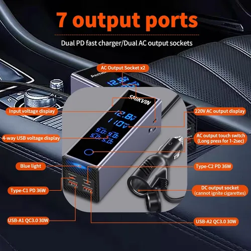 Vista 3 de Inversor de corriente para automóvil de 300 W, convertidor de 12 V a 110 V CA con 2 salidas de CA y 4 puertos USB (2 PD 36 W + 2 QC3.0 30 W)
