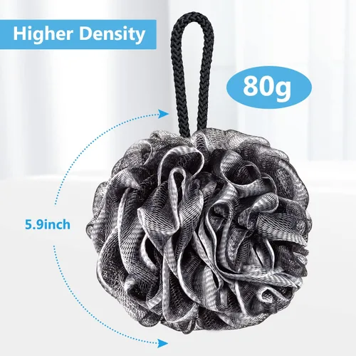 Vista 2 de VANZAVANZU Esponja de ducha grande de 2.82 oz de esponja de baño, puf de malla para hombres y mujeres, juego de 4 (negro con blanco)