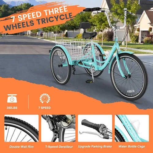 Vista 5 de MOONCOOL Triciclos para adultos de 3 ruedas y 7 velocidades, triciclos para adultos de 20/24/26 pulgadas, bicicleta de 3 ruedas con cesta