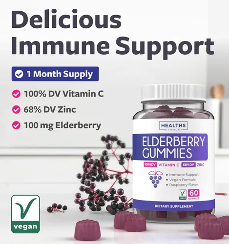 Vista 2 de Gomitas veganas de saúco Sambucus para adultos, gomitas de vitamina C y zinc de saúco negro para el bienestar diario y de temporada, gomitas