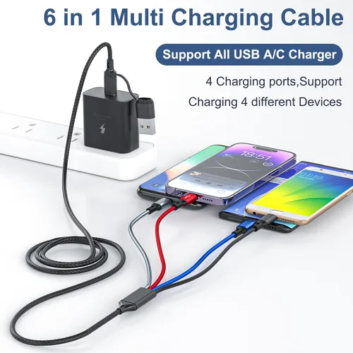 Vista 2 de Cable de carga múltiple 6 en 1, paquete de 2 cables USB de 6 pies, cable de carga 3A, cable de carga USB universal A/C trenzado con 2 puertos
